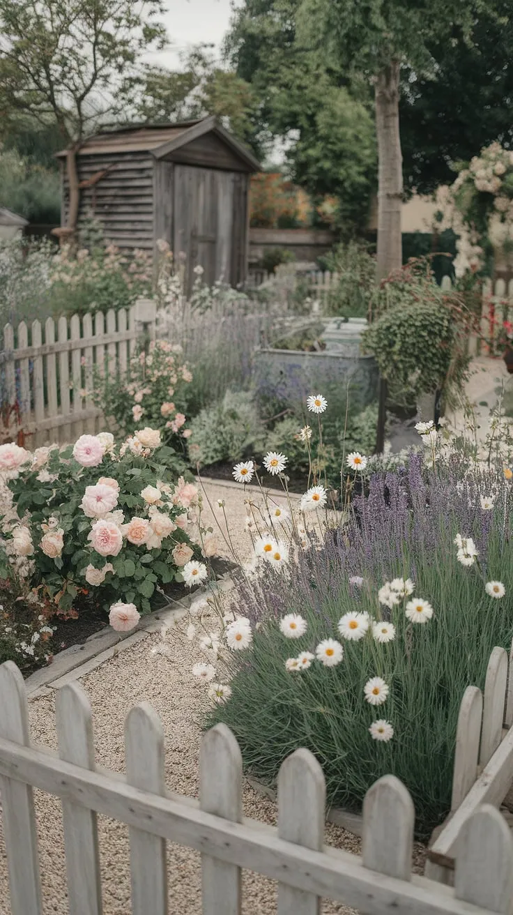 Sun-drenched blooms and weathered charm; this French country garden, with its riot of roses, lavender, and daisies, whispers tales of simpler times. A haven of tranquility, it's a perfect example of cottage garden design, framed by a white picket fence and the rustic allure of a nearby shed. A true escape.