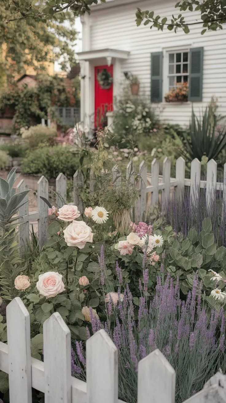 Step into a world of rustic elegance. This a cottage garden, overflowing with blooms and punctuated by the unexpected presence of cacti, embodies the carefree spirit of French country living. The white cottage, a perfect backdrop, completes this idyllic scene.