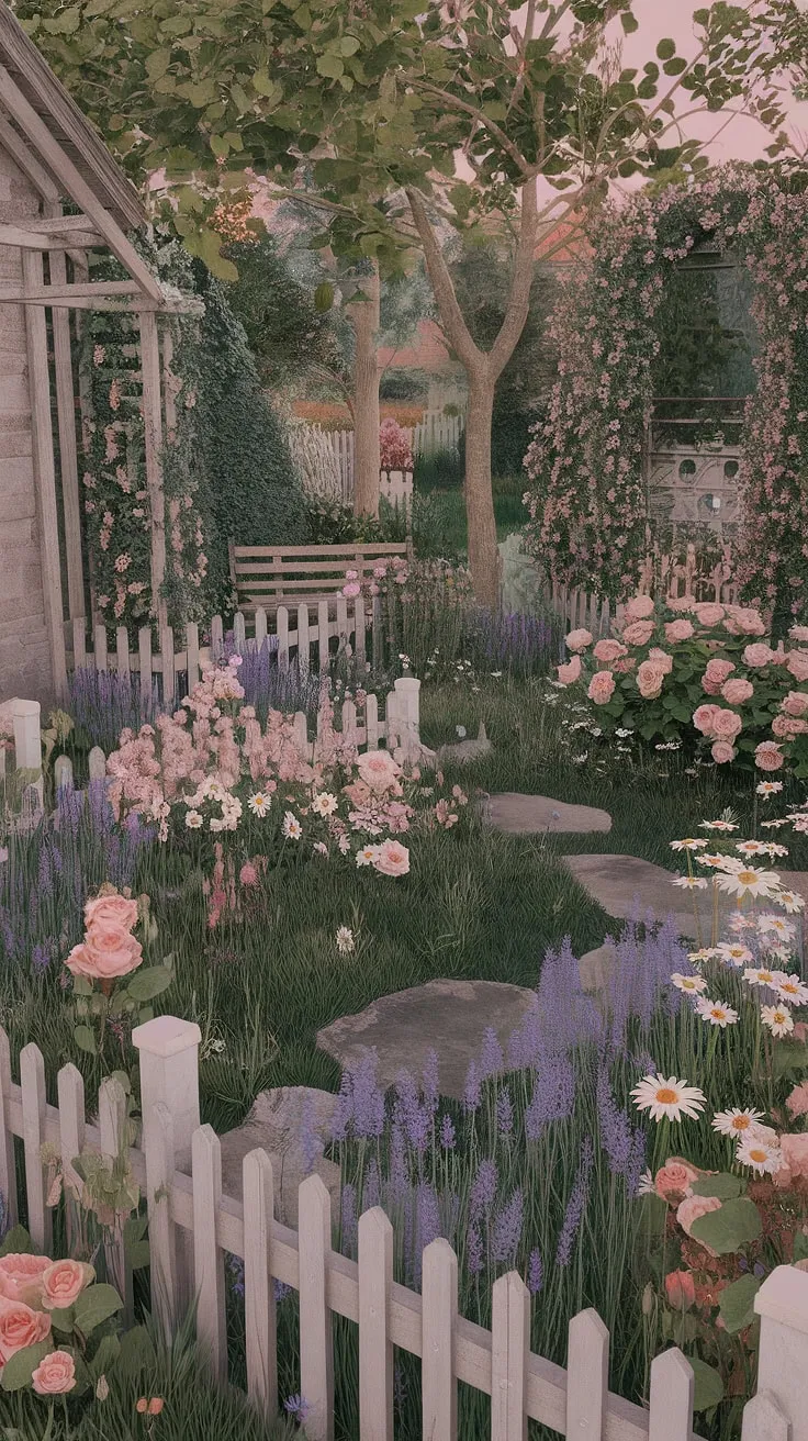 Sunlight dapples through the leaves, illuminating a riot of color in this shabby chic haven. A symphony of roses, lavender, and daisies dances in the gentle breeze, creating a scene of breathtaking beauty. A tranquil retreat, a moment of peace.