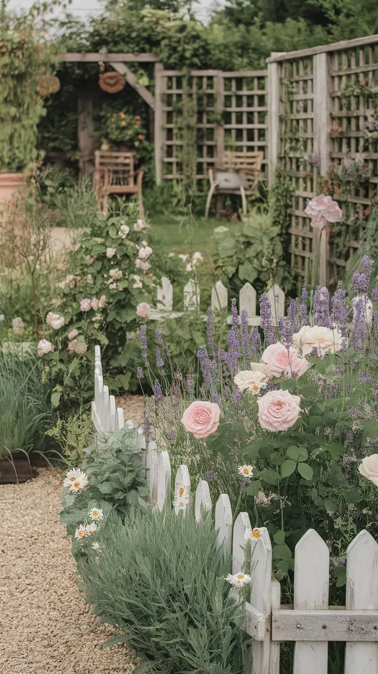 A charming cottage garden bursting with color, where roses intertwine with lavender and daisies, creating a haven of shabby chic tranquility. The white picket fence and rustic trellis complete this idyllic scene, a perfect spot for afternoon tea.