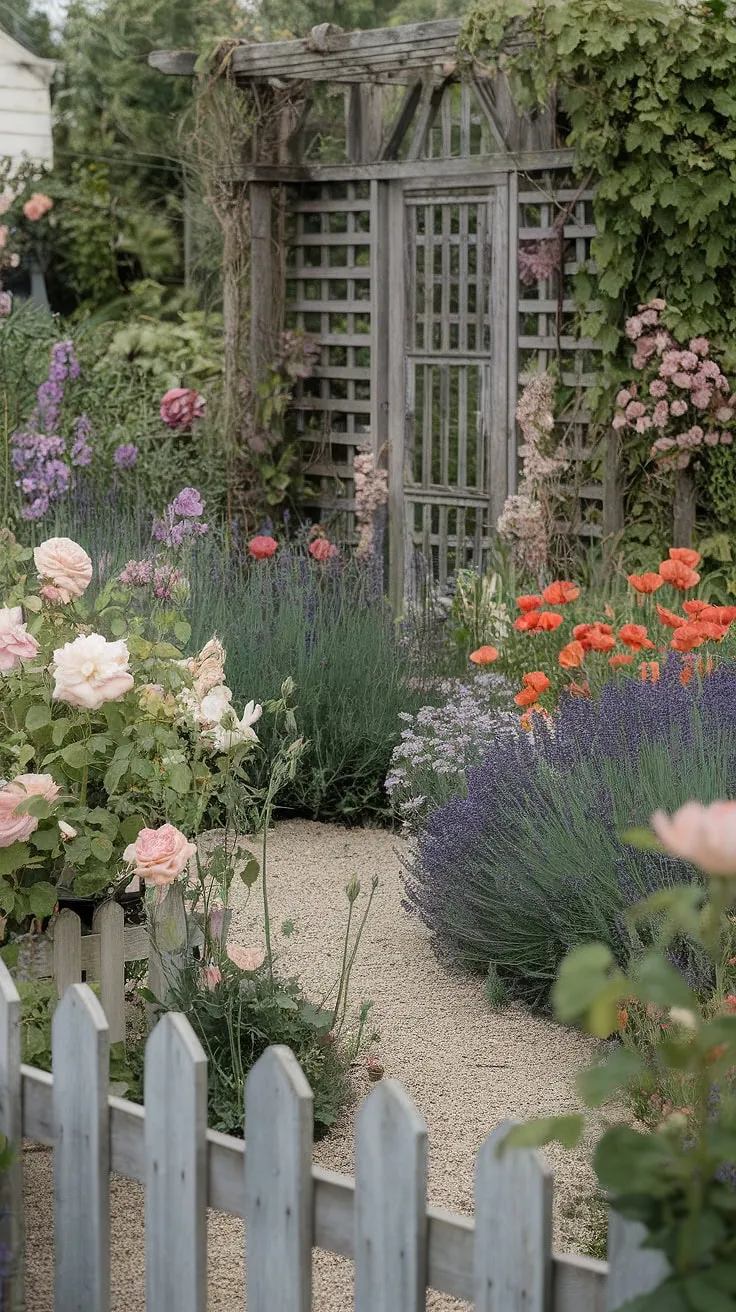 This shabby chic garden, with its riot of poppies, roses, and lavender, is a testament to the beauty of imperfection. A white picket fence encloses a world of fragrant delights, a tranquil retreat where time seems to slow down. A true gardener's paradise.