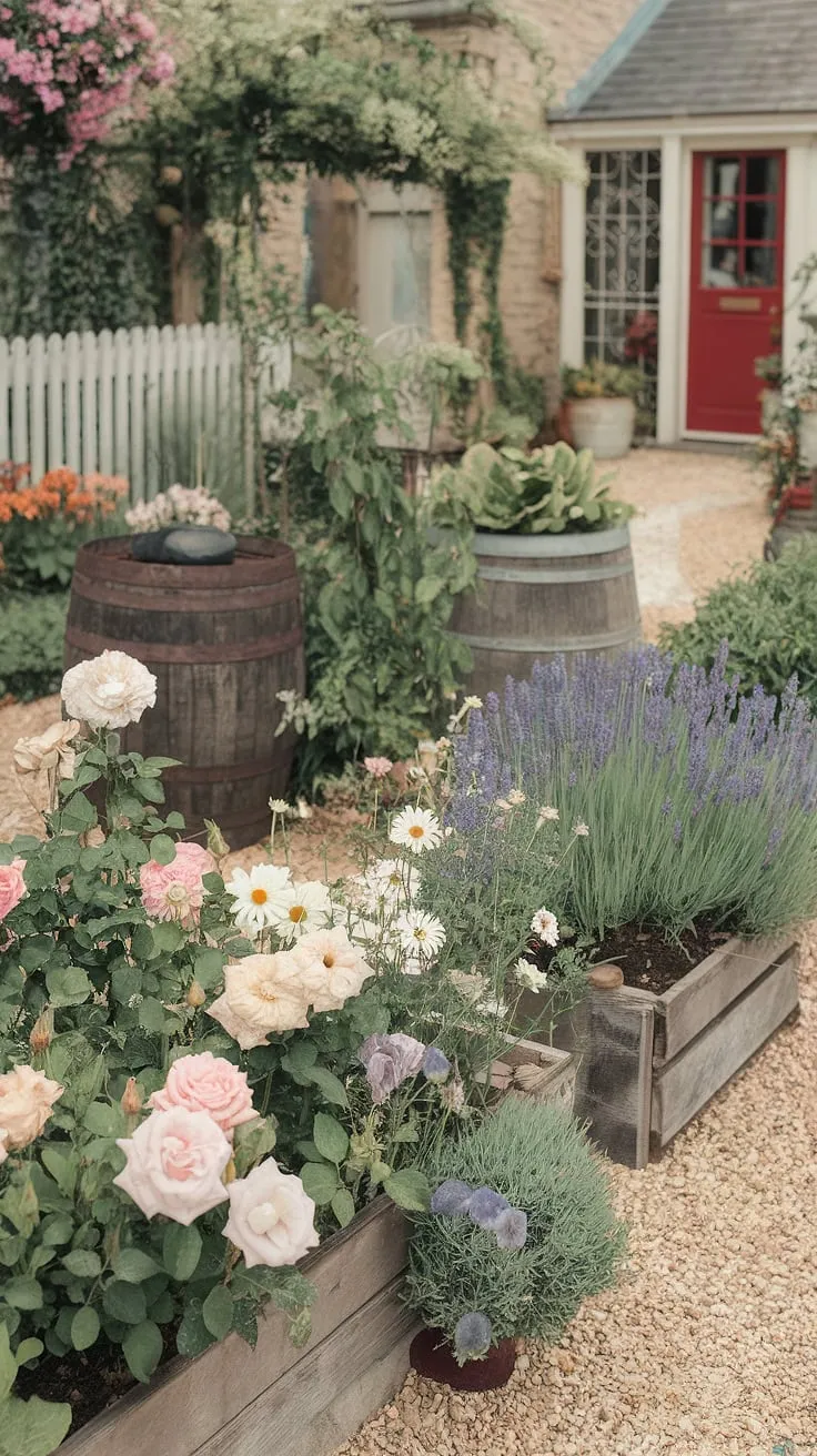 A charming French country cottage garden, bursting with the vibrant hues of roses, lavender, and daisies. The weathered wooden barrels and gravel path add to the rustic charm, creating a tranquil escape. A perfect blend of shabby chic and cottage garden aesthetics.