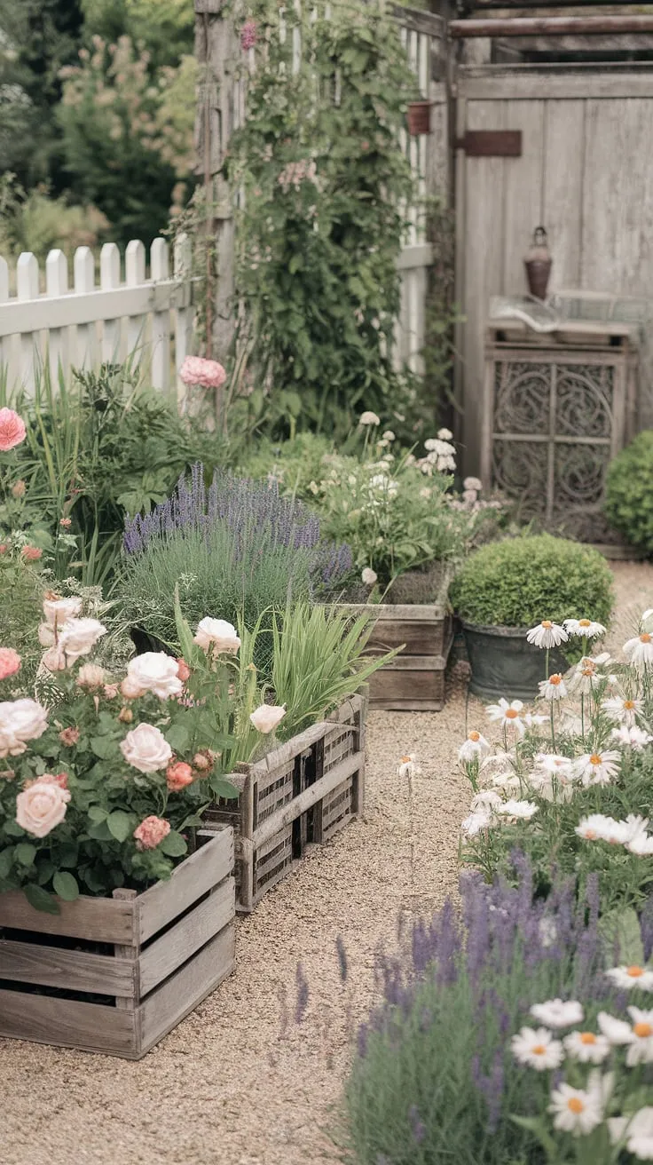 Lost in the charming chaos of this French country garden, where rambling roses, fragrant lavender, and cheerful daisies dance amongst weathered wooden crates. A perfect blend of rustic elegance and carefree beauty, it's a haven of tranquility. A true testament to the artistry of nature's effortless grace.