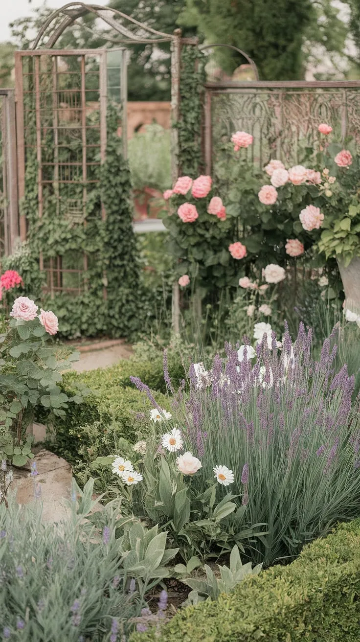 Sun-drenched blooms and weathered charm; this shabby chic garden whispers tales of French country living, a haven of roses, lavender, and daisies nestled amongst ivy and boxwood, a perfect escape. A testament to the beauty of imperfection, it's a place where time seems to slow down. A true sanctuary.