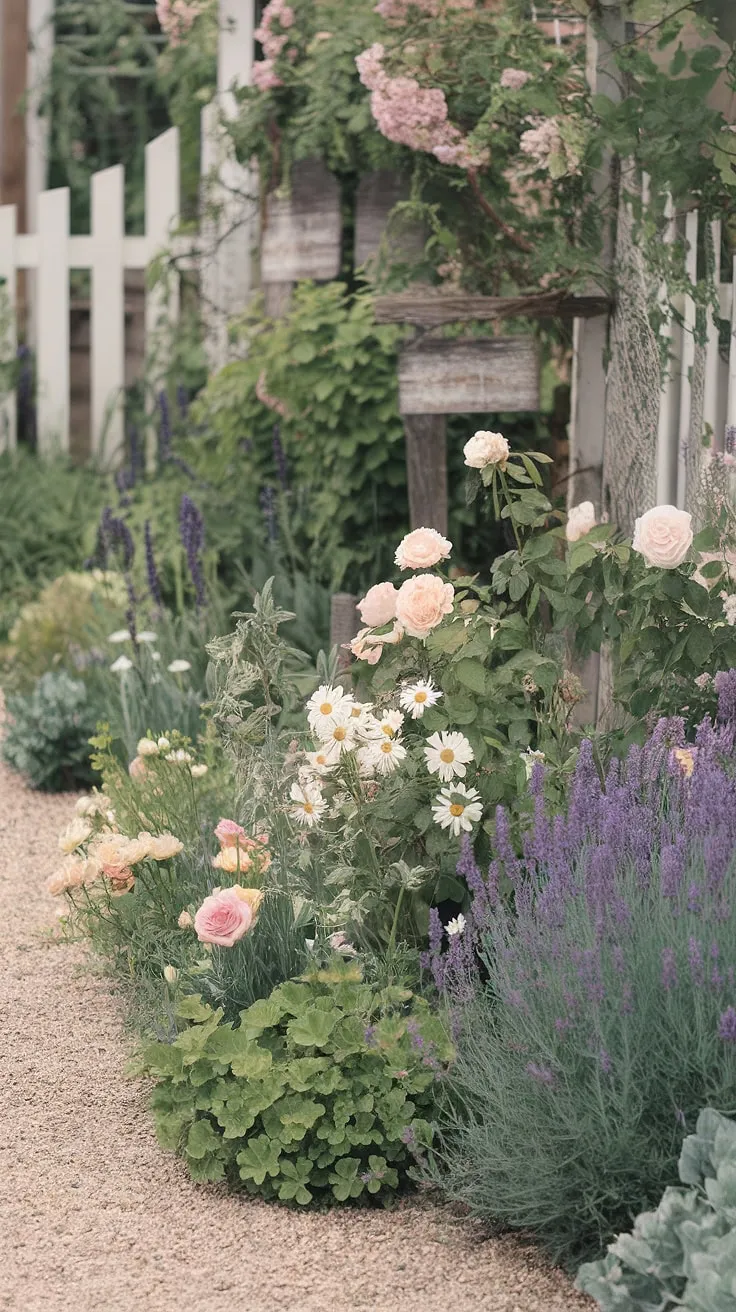Lost in the lavender haze of this charming French country cottage garden, where roses climb and daisies dance amongst the gravel paths. A perfect blend of rustic charm and abundant blooms, it's a scene straight out of a dream. A tranquil escape awaits.