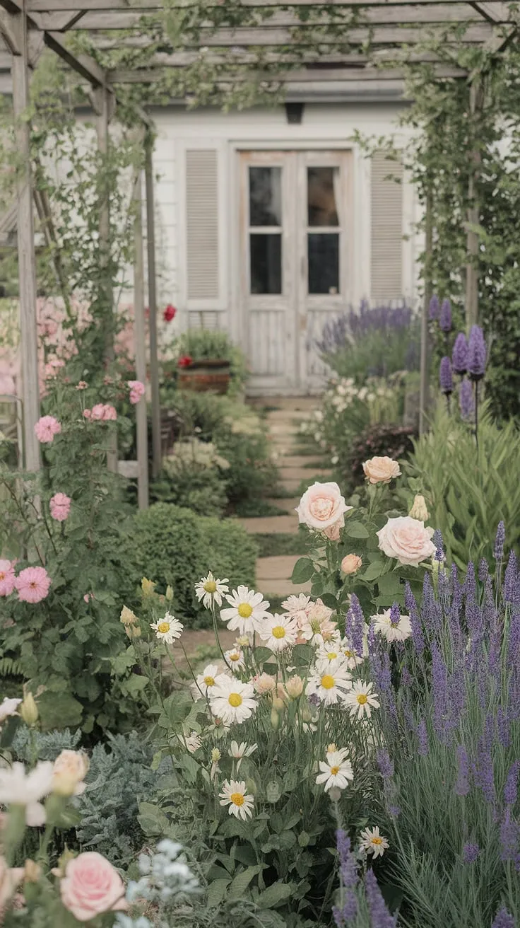 This shabby chic garden, bursting with color and overflowing with the scent of summer blooms, is a testament to the enduring allure of a cottage garden. A whitewashed cottage stands sentinel, its wooden door a warm welcome to this peaceful, flower-filled sanctuary. A dream come true.