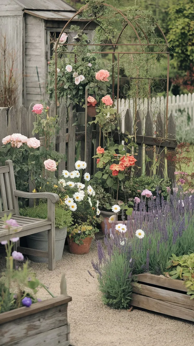 Step into a world of enchanting blooms and rustic beauty. This cottage garden, overflowing with roses, daisies, and fragrant lavender, is a testament to the simple elegance of French country living. A weathered shed and white picket fence complete the idyllic scene, creating a haven of tranquility and charm.