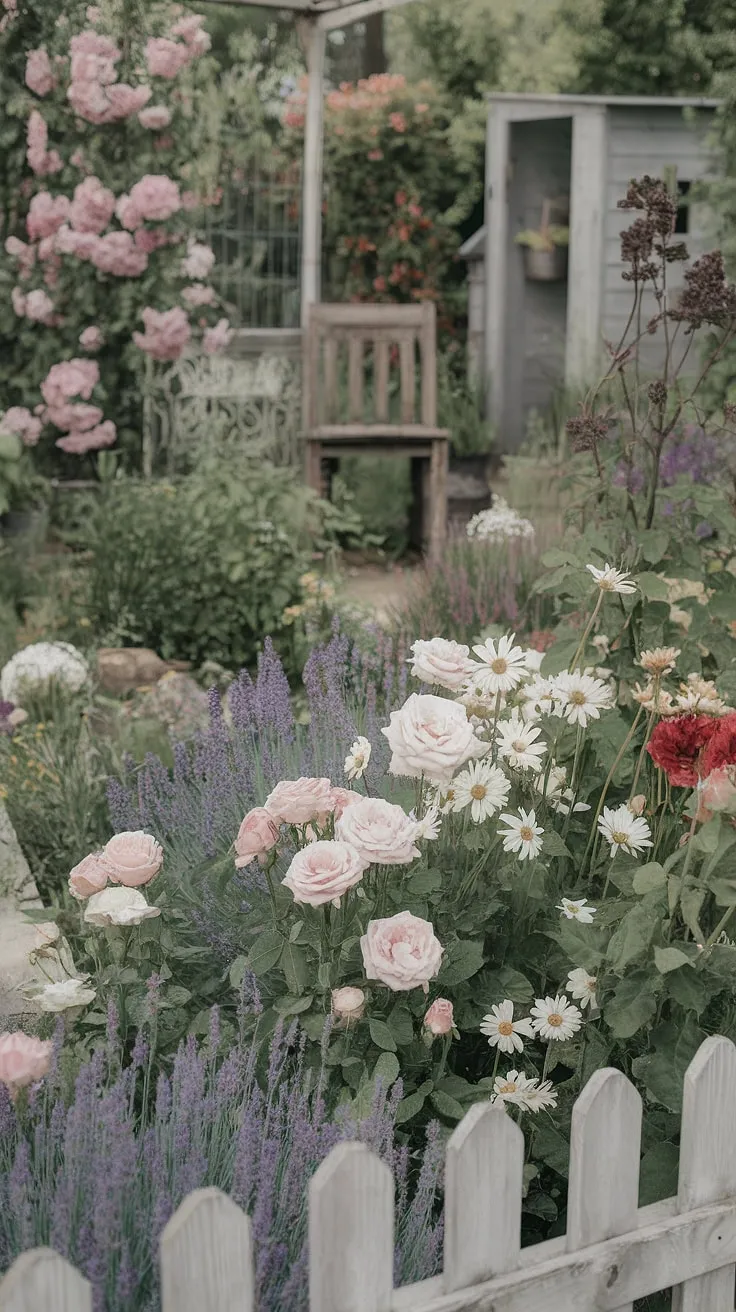 Sunlight dapples through the roses and lavender, painting the shabby chic garden in hues of summer. A weathered wooden chair sits quietly, inviting a moment of peaceful contemplation amidst the cottage garden's charm. The white picket fence, a gentle boundary, frames this idyllic scene, a perfect example of French country living.