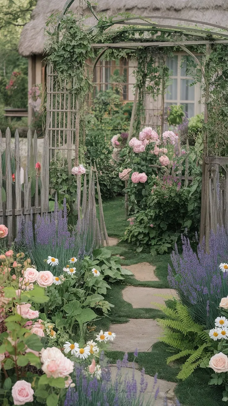 Step into a world of whimsical charm where vibrant roses, delicate lavender, and cheerful daisies dance amongst ivy and ferns. This shabby chic cottage garden, with its rustic fence and stone path, evokes the idyllic beauty of a French countryside escape. A perfect blend of rustic elegance and blooming abundance.