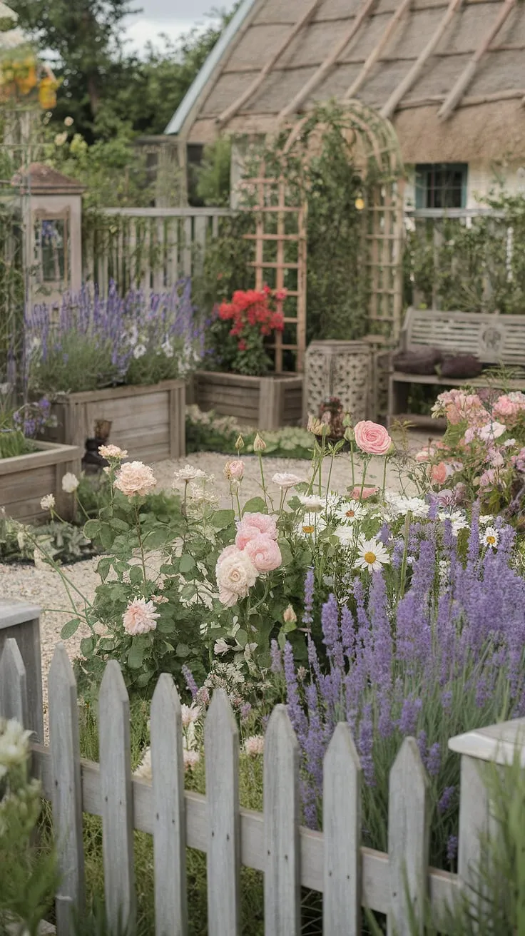 This shabby chic haven, overflowing with roses, daisies, and fragrant lavender, whispers tales of French country charm. A thatched roof cottage peeks from behind a riot of color, framed by a pristine white picket fence. A rustic bench offers a perfect spot to savor the tranquil beauty of this idyllic garden.