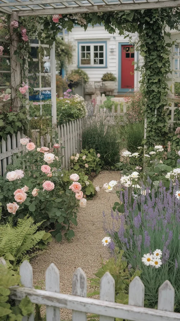 A charming French country cottage, nestled amongst a riot of roses, lavender, and daisies, whispers tales of simpler times. The white picket fence, gravel path, and overflowing flowerbeds create a haven of peace and tranquility. This idyllic scene is a testament to the beauty of a well-loved garden, a true reflection of a rustic elegance.