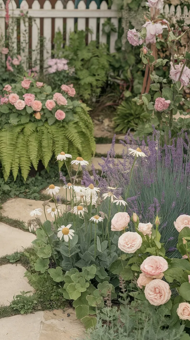 A charming French country cottage garden bursting with life. Roses climb gently, lavender whispers its sweet fragrance, and daisies nod in the gentle breeze. The stone path winds invitingly through a tapestry of blooms and ferns, all framed by a pristine white picket fence. A picturesque scene, perfect for quiet contemplation and a moment of peaceful escape.