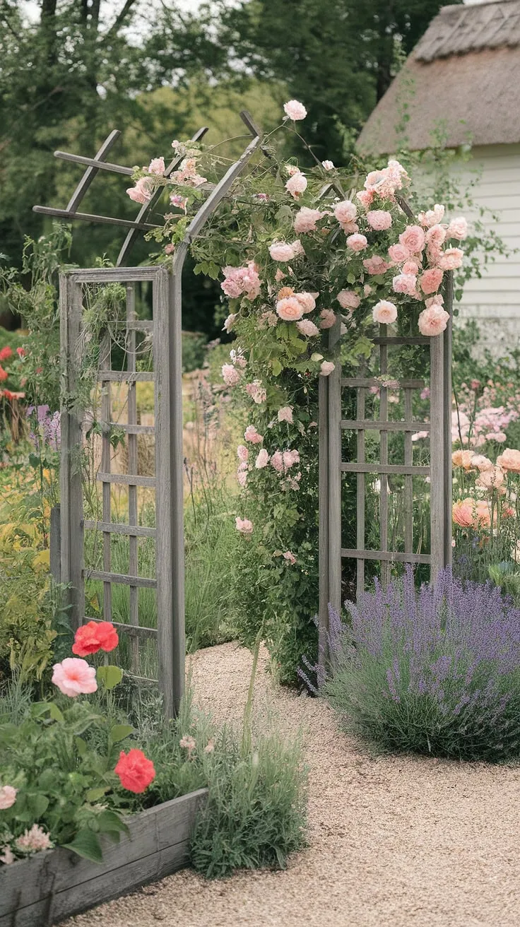 A whimsical cottage garden bursting with color, where roses climb a rustic trellis and lavender whispers secrets to the gentle breeze. The charming thatched roof of the cottage peeks through, a perfect picture of idyllic country life. This tranquil haven is a testament to the beauty of a simple elegance.