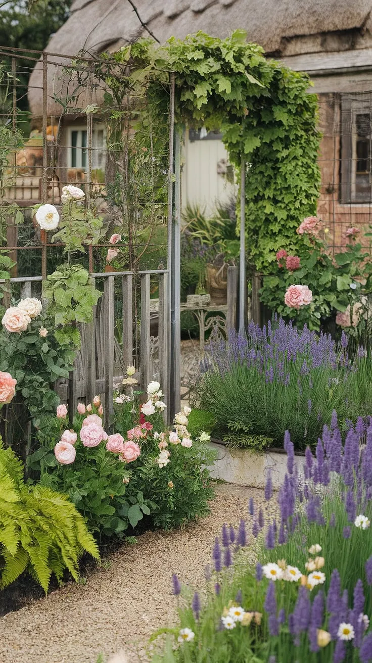 Sun-drenched blooms and weathered charm; this French country cottage garden, overflowing with roses, lavender, and daisies, whispers tales of simpler times. The rustic fence and gravel path invite you to wander amongst the ivy and ferns, a tranquil escape where time seems to slow. A perfect picture of idyllic country living.