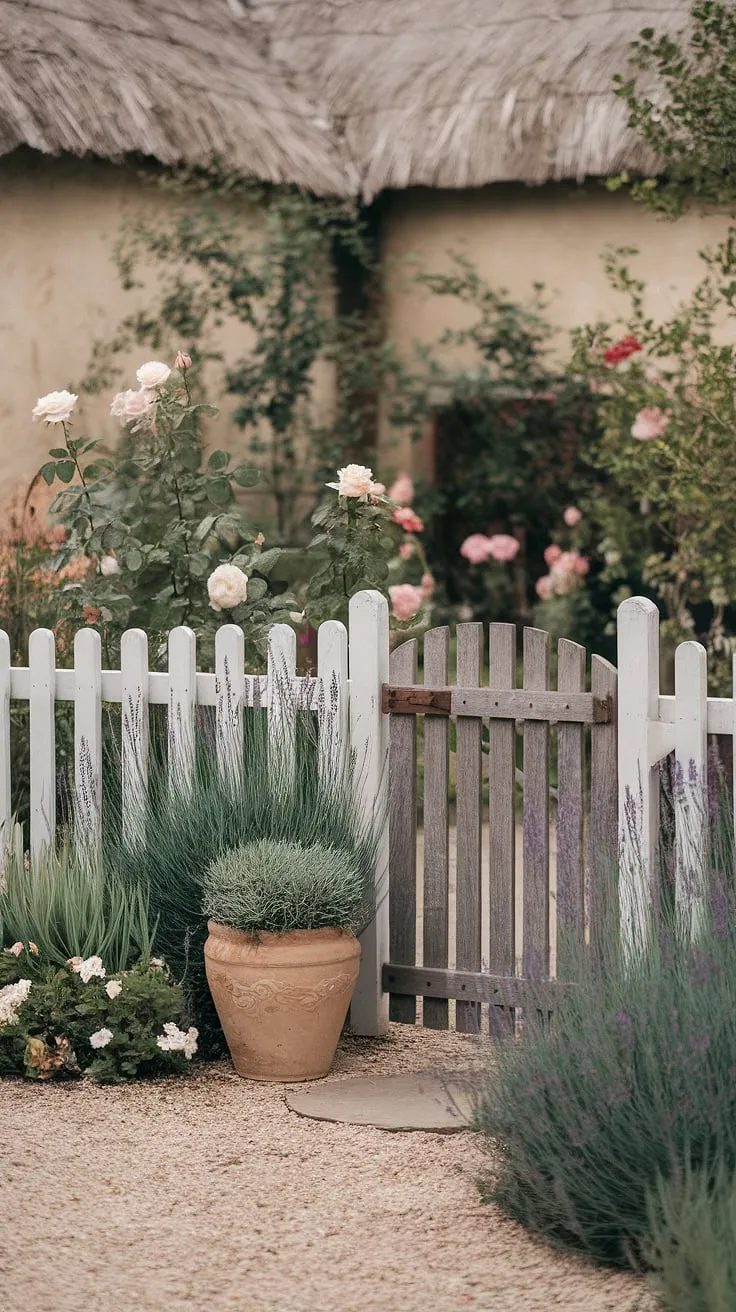 A charming French country garden, bursting with the fragrant blooms of roses and lavender, whispers tales of simpler times. The weathered stone path, white picket fence, and rustic gate invite you to wander amongst the beauty, a terracotta pot adding a touch of warmth near the thatched roof cottage. A perfect scene of idyllic countryside living.