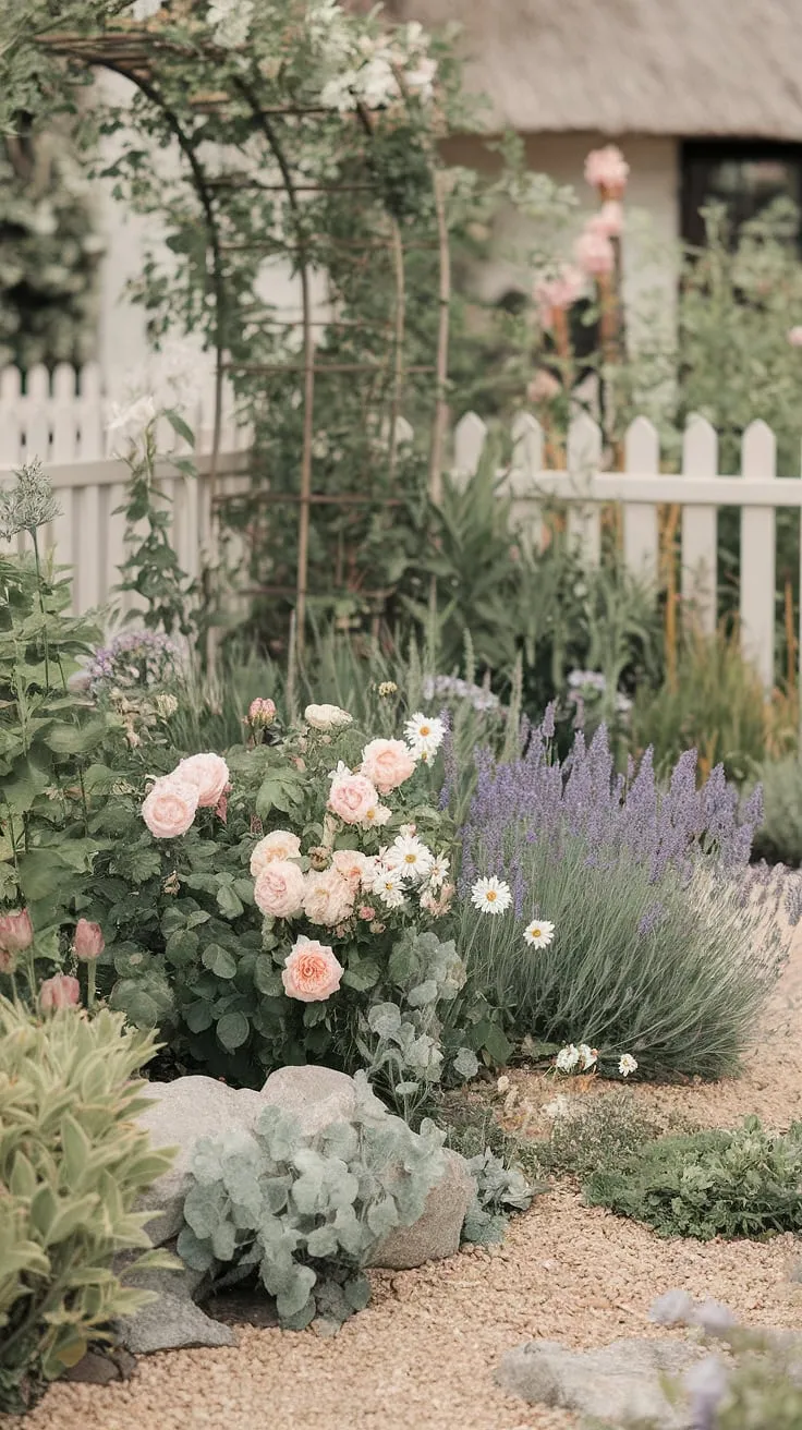This shabby chic garden is a haven of tranquility. A riot of blooms – roses, lavender, and daisies – dance amongst the greenery, framed by a white picket fence and a quaint thatched roof cottage. A truly idyllic scene, perfect for a peaceful afternoon.