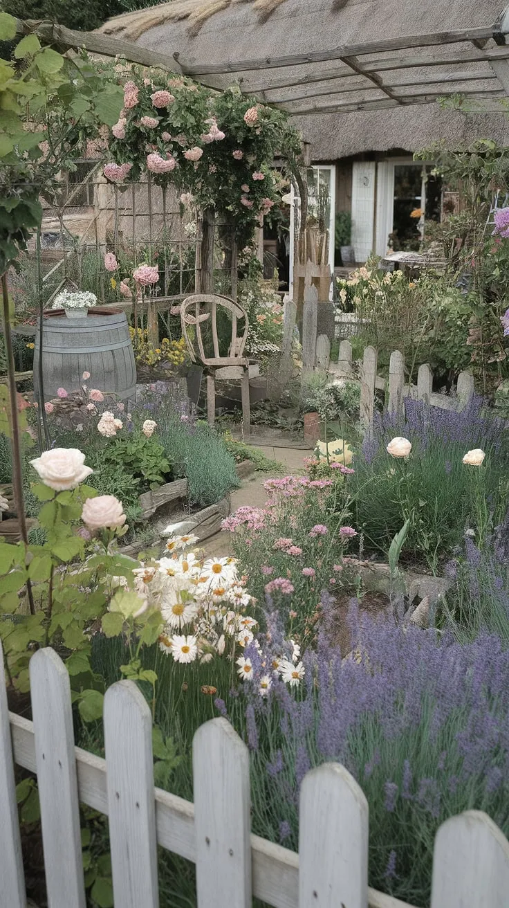 Lost in the enchanting bloom of a French country garden, where roses intertwine with lavender, and the air hums with the gentle buzz of bees. A weathered wooden barrel sits quietly amongst the cottage garden's charm, a testament to simpler times. A white picket fence encloses this idyllic scene, a perfect haven of tranquility.