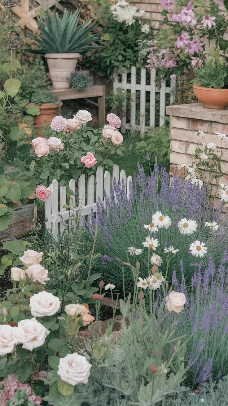 A charming escape, where the scent of lavender mingles with the blush of roses, creating a haven of shabby chic serenity. This French country cottage garden, nestled within aged brick walls, whispers tales of gentle living and abundant blooms. A perfect picture of rustic elegance, brimming with life and the quiet beauty of nature.