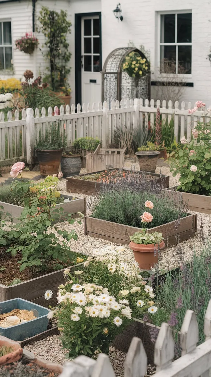 A charming French country cottage garden, overflowing with the fragrant blooms of roses, lavender, and daisies. The raised wooden beds and carefully placed potted plants create a delightful shabby chic aesthetic, perfectly complementing the white picket fence and the quaint cottage beyond. A true haven of peace and tranquility.