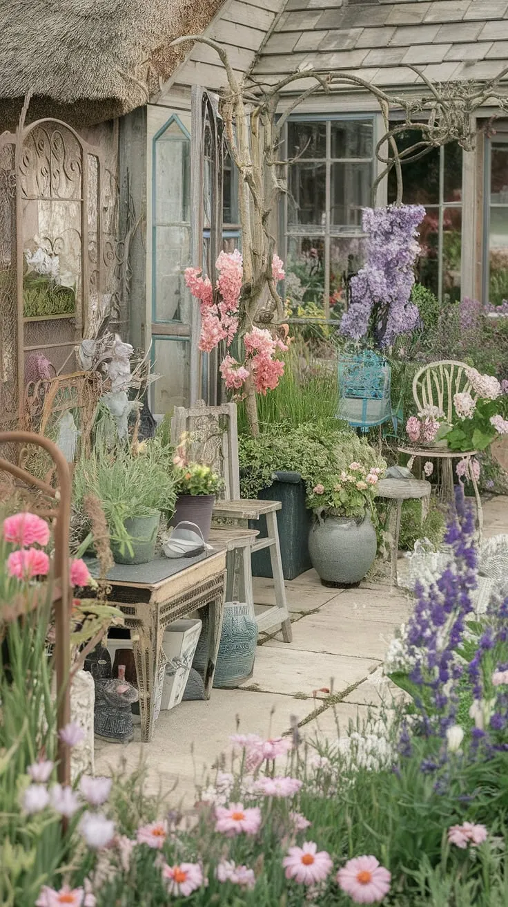 Lost in the enchanting bloom of a French country garden, where weathered charm meets vibrant color. The air hums with the gentle buzz of bees amongst the roses and lavender, a perfect picture of rustic elegance. A tranquil escape, a moment of peace.