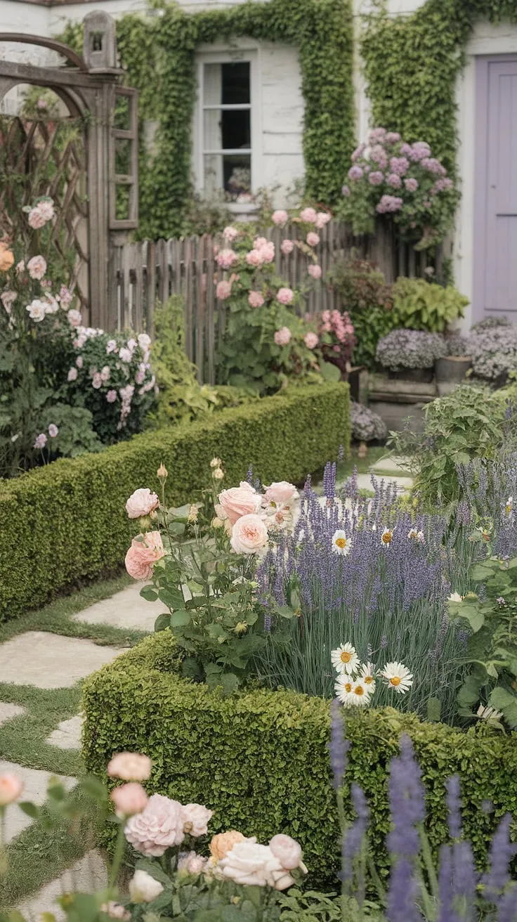 A charming French country cottage, nestled amongst a riot of roses, lavender, and daisies, whispers tales of simpler times. The stone path, winding through the lush greenery and past a rustic fence, invites you to explore this idyllic haven. A sense of peace and tranquility permeates the air, a testament to the beauty of a well-loved garden.