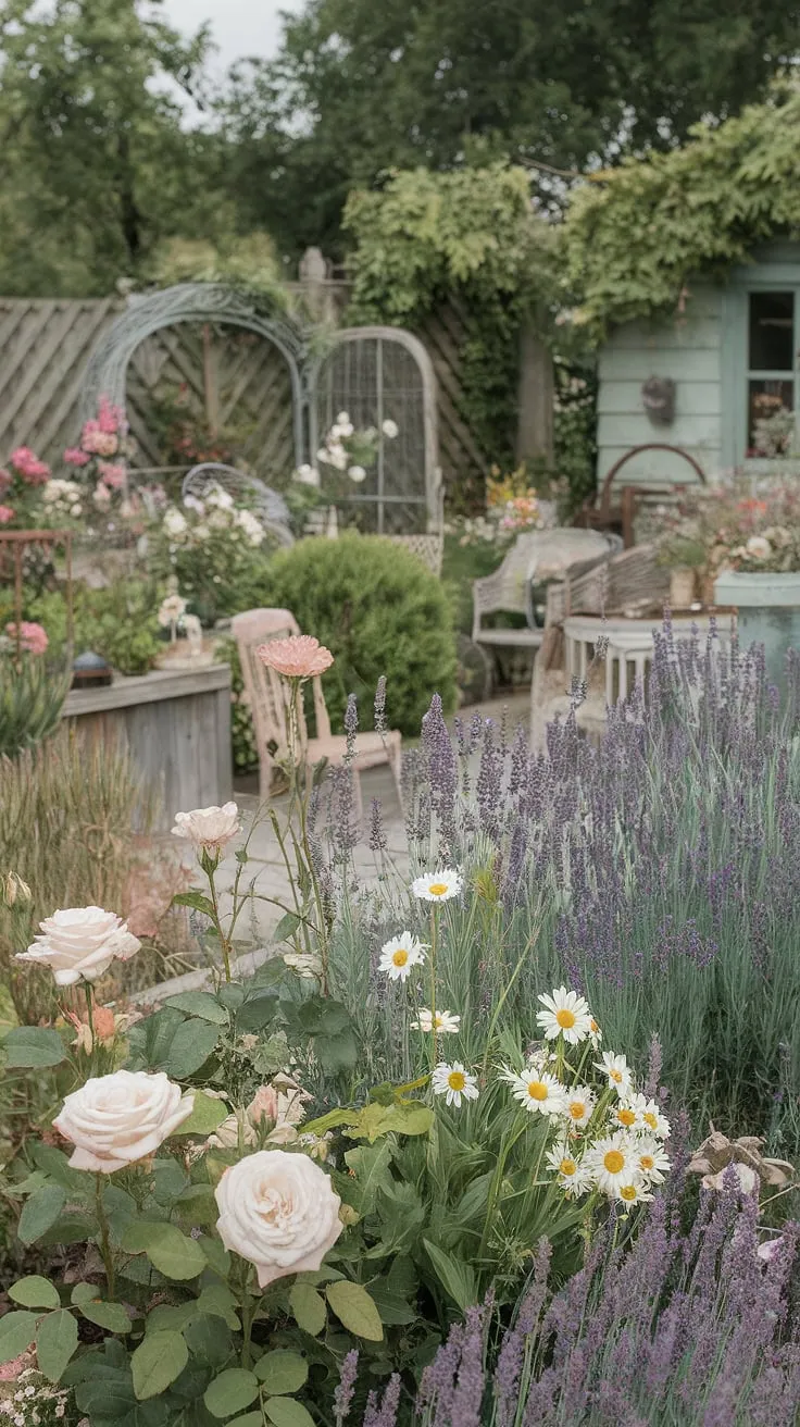 A secluded cottage garden, bursting with the fragrant hues of roses, lavender, and daisies. A charming scene of rustic furniture and vintage finds nestled amongst the blooms, creating a peaceful retreat. A true escape from the everyday, this idyllic space embodies the essence of shabby chic. A place where time seems to slow down.