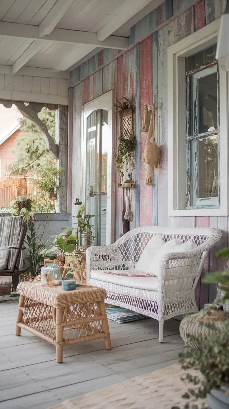 Step onto this charming porch, a haven of shabby chic serenity. The white wicker sofa invites you to unwind, while the distressed walls and rattan coffee table whisper tales of cozy cottage living. A perfect spot for a quiet afternoon, surrounded by the gentle sway of potted plants.