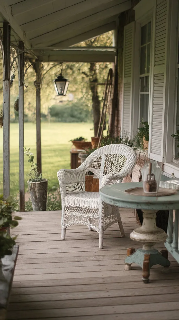 This shabby chic porch, bathed in the warm glow of the setting sun, is the perfect spot for a quiet evening. The weathered wood, the comfortable wicker chair, and the gentle sway of the nearby lamp post create a tranquil atmosphere; a true escape.