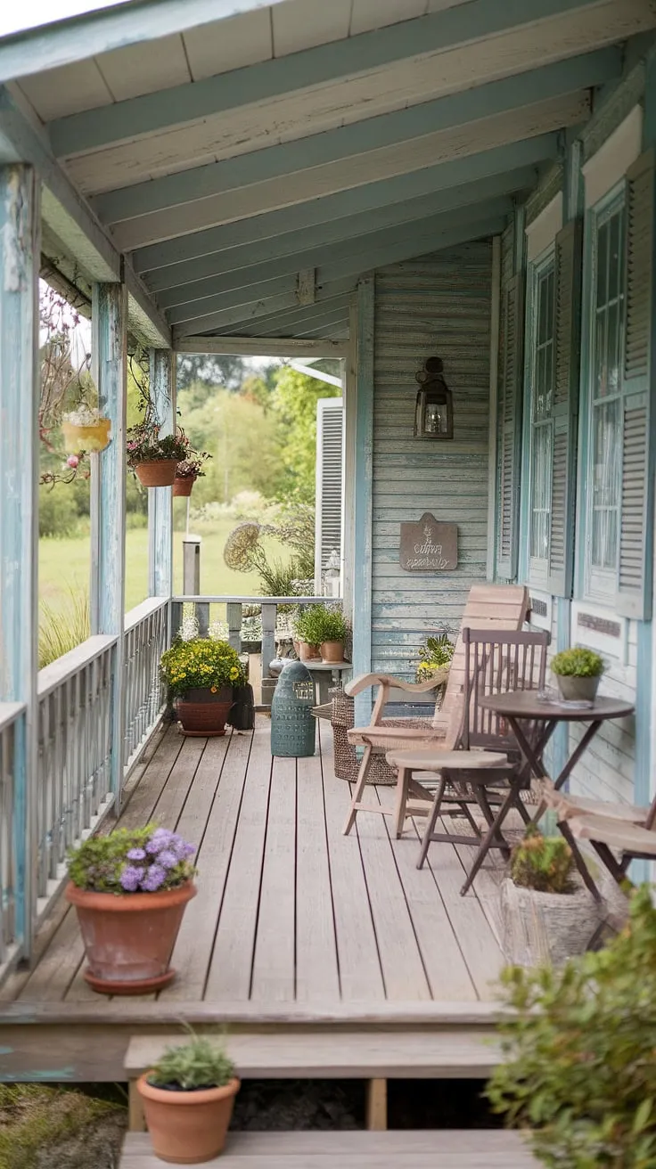 Escape to this charming cottage patio, where weathered wood and blooming plants create a cozy haven. The gentle wear of time only adds to its irresistible appeal; it's the perfect spot for a quiet afternoon with a good book and a warm cup of tea. A true sanctuary awaits.