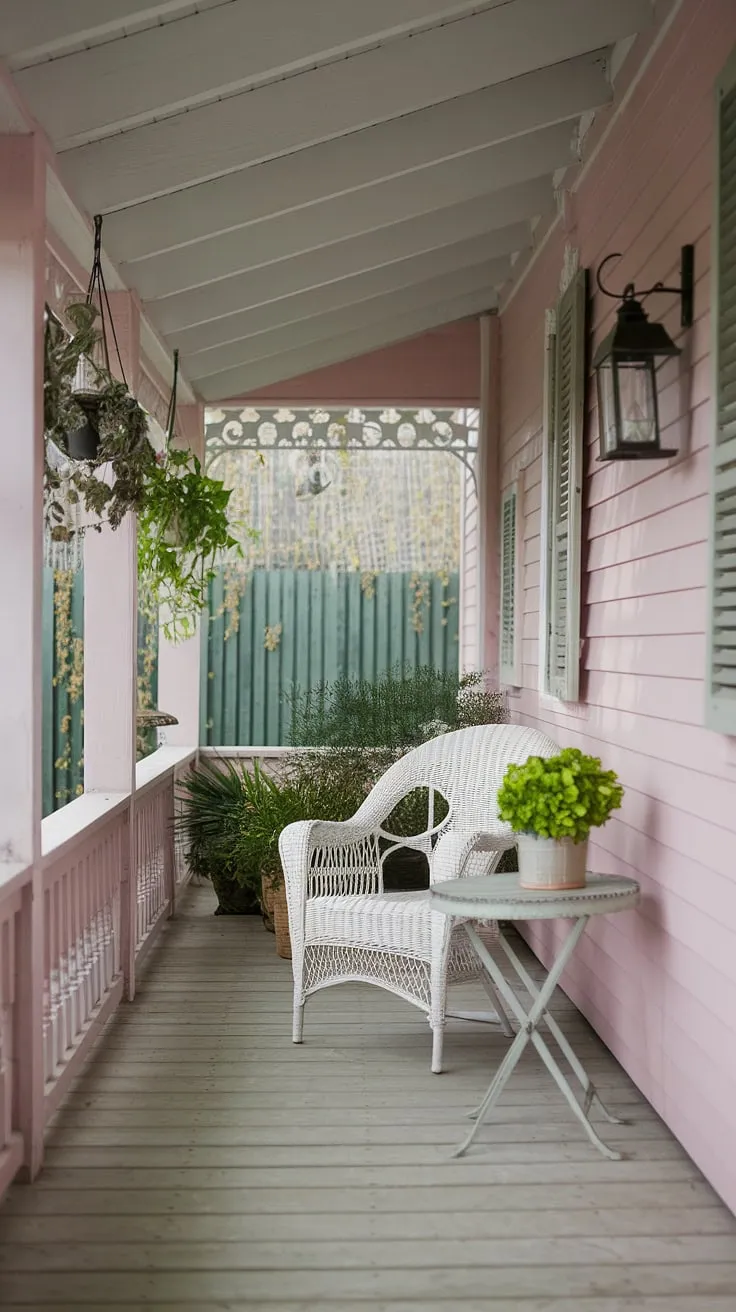 This charming porch, painted a delicate pink, is the epitome of shabby chic. A white wicker chair sits invitingly near a small table adorned with a vibrant green plant. Hanging plants and a lantern add to the cozy ambiance. The wooden floor and green fence in the background create a serene and peaceful setting. A truly delightful space to unwind and enjoy the simple pleasures of life.