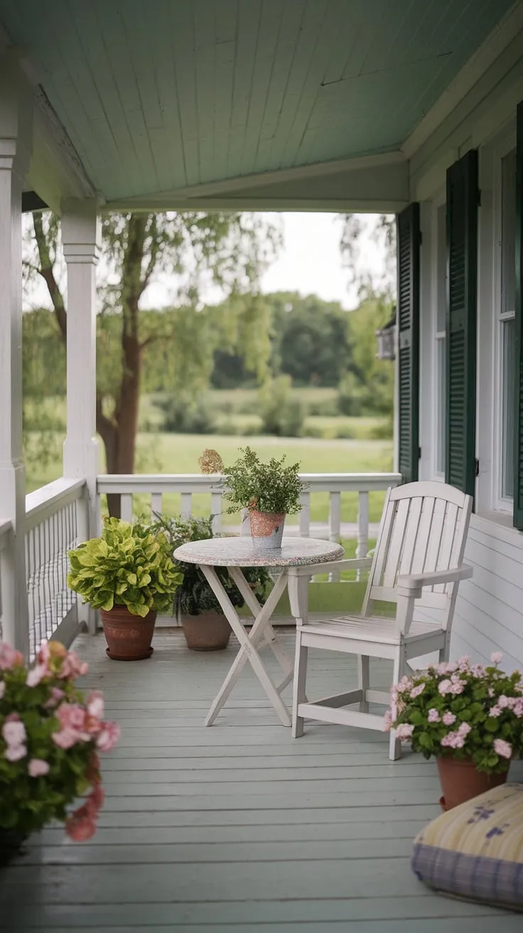 Sunlight spills onto this charming cottage porch, painting the whitewashed wood and floral table with warmth. A perfect spot for a quiet morning coffee, surrounded by nature's gentle embrace. A true escape.