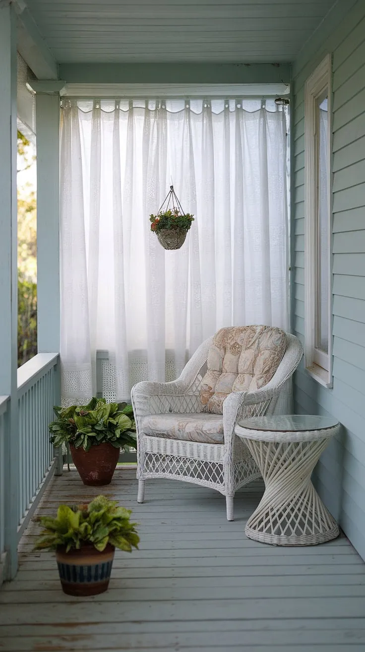 This shabby chic porch, painted a calming light blue, is a haven of tranquility. A comfortable wicker chair with a patterned cushion sits invitingly beside a small table, ready for a cup of tea and a moment of peace. A potted plant adds a touch of nature to this idyllic retreat, creating a space where you can simply breathe and be. A truly delightful escape.