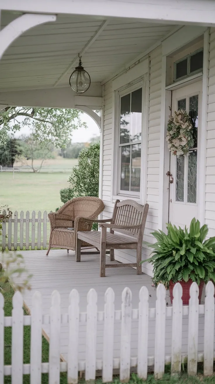 A charming escape awaits on this idyllic porch. The white picket fence and carefully chosen details, like the decorative wreath and potted plant, create a welcoming ambiance. The wooden bench and wicker chair offer comfortable seating, perfect for enjoying the tranquil view of the green lawn and trees. It's a scene that embodies the essence of a peaceful retreat.