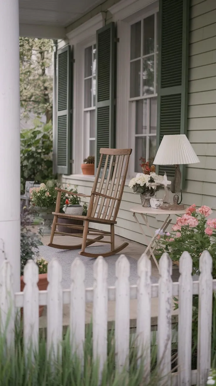 This charming porch, with its white picket fence and cozy rocking chair, whispers tales of lazy afternoons and sweet summer breezes. The soft glow of the lamp, nestled amongst blooming flowers and lush potted plants, creates a haven of tranquility, a perfect spot for quiet contemplation and gentle swaying. A true picture of idyllic cottage life.