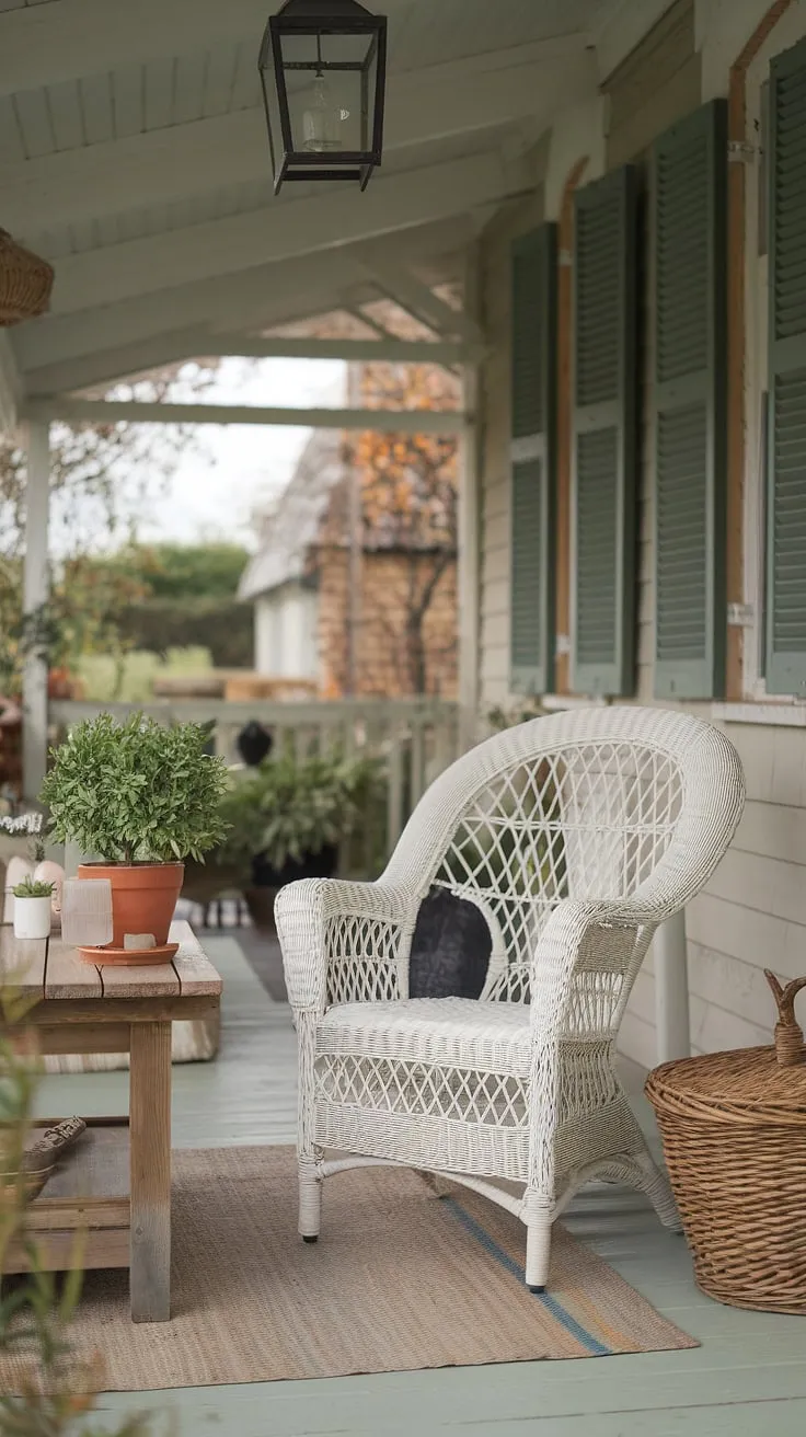 Escape to this idyllic porch, where a tranquil atmosphere awaits. The soft light, the cozy wicker chair, and the charming cottage backdrop create a haven of serenity. Let the worries of the day melt away as you breathe in the fresh air and enjoy the simple pleasures of life.