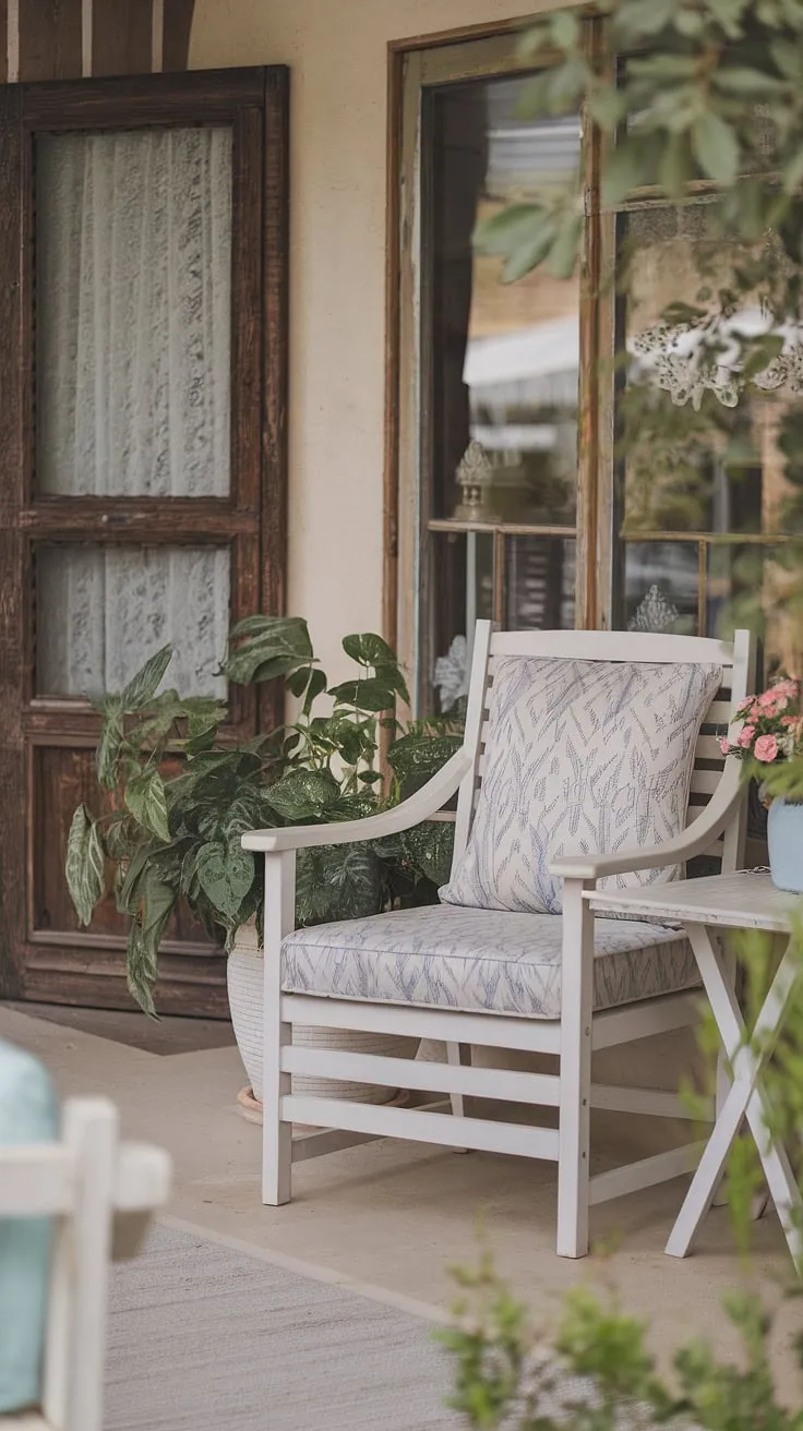 A weathered white chair, softened by a patterned cushion, sits invitingly on the porch, a testament to the simple pleasures of cottage life. The potted plant adds a touch of nature to this charming, shabby-chic retreat, a perfect spot for quiet contemplation. A gentle breeze whispers through the wooden door, promising a peaceful afternoon.