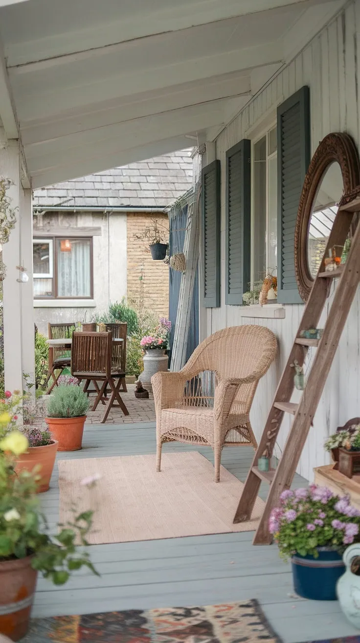 Step onto this charming porch, a haven of shabby chic serenity where vintage finds and blooming flowers create a cozy retreat. The rustic mirror reflects the quaint cottage beyond, while the wicker chair invites you to linger and soak in the peaceful atmosphere. A perfect spot for quiet contemplation and enjoying the simple pleasures.