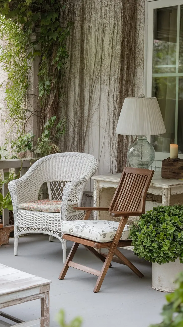 Sunlight spills onto this charming shabby chic porch, illuminating the cozy scene. A gentle breeze rustles the vines as I settle into the floral-cushioned chair, the soft glow of the candlelit lampshade casting a warm ambiance. This is my perfect escape.
