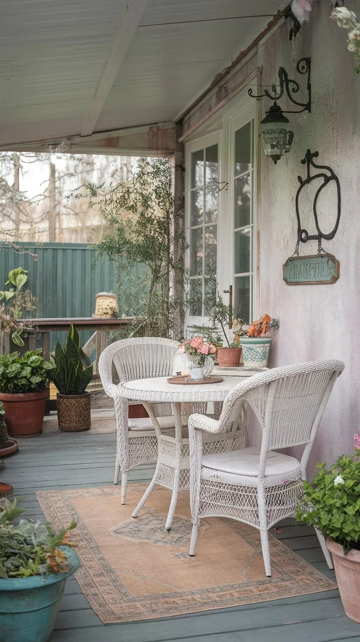 This shabby-chic porch is a dream come true. The white wicker furniture, vintage rug, and carefully chosen plants create a welcoming atmosphere. Every detail, from the weathered wall to the hanging lantern, speaks of a life lived beautifully and intentionally. A perfect spot for quiet contemplation and sweet moments.
