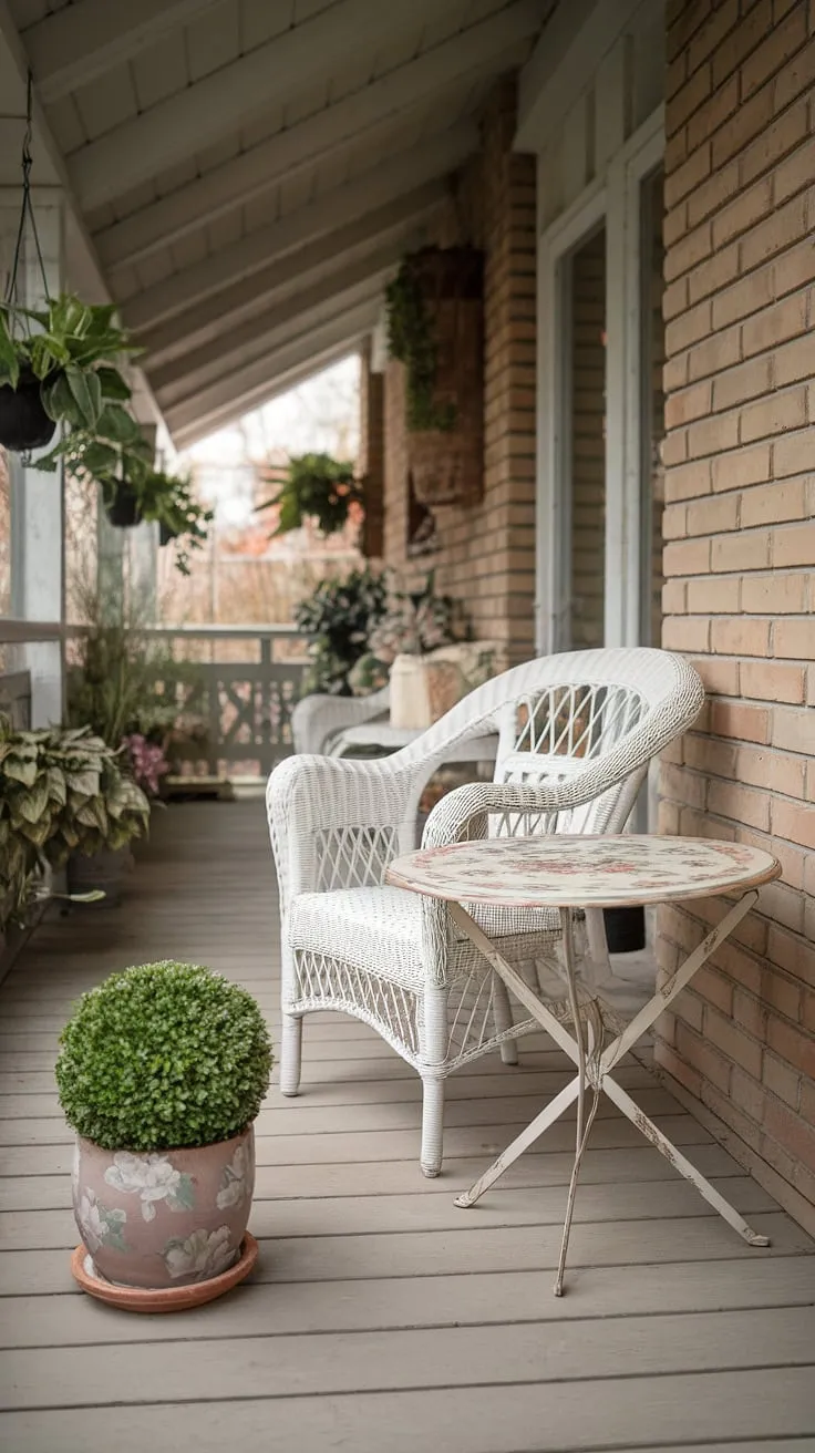 Sunlight spills onto the weathered brick walls, warming the cozy patio and white wicker chair. A floral tablecloth adorns the small table, adding a touch of shabby chic charm to this inviting space. The hanging plants and potted greenery complete the tranquil scene, creating a perfect spot for a quiet afternoon.