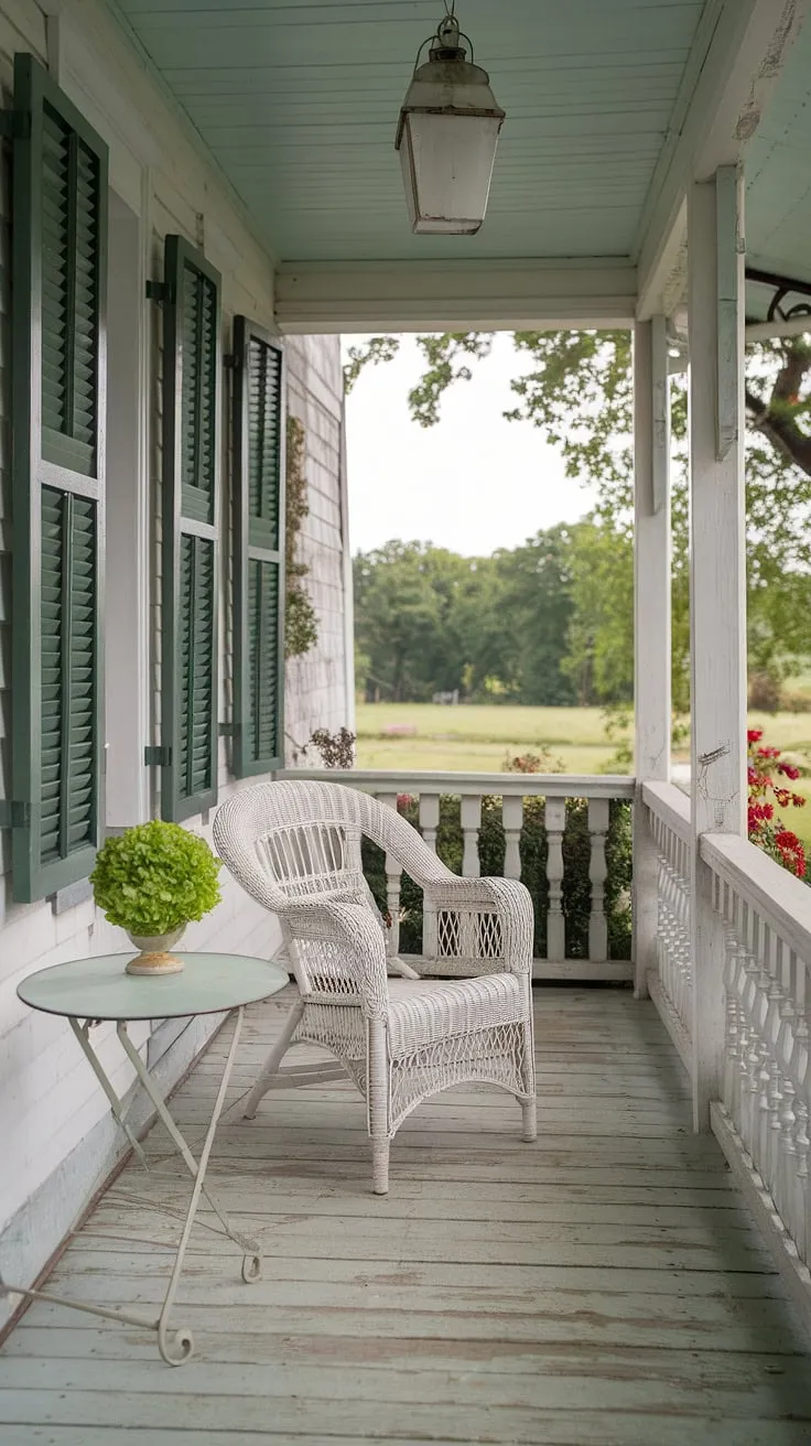 This shabby chic porch, with its weathered wood and white wicker chair, offers a tranquil escape. A gentle breeze rustles the leaves of the nearby trees, creating a peaceful atmosphere perfect for enjoying a quiet moment with a good book and a refreshing drink. A simple green plant adds a touch of life to the scene, while the white lantern casts a soft glow, enhancing the cozy ambiance. A perfect spot to unwind and reconnect with nature.