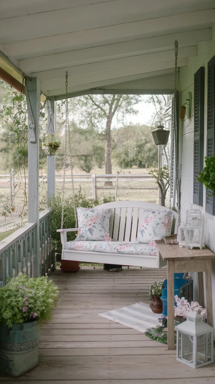 Step onto this charming shabby chic porch, where a gentle breeze whispers through the trees and the scent of a blooming flowers fills the air. The perfect spot to unwind and soak in the serenity of the countryside.