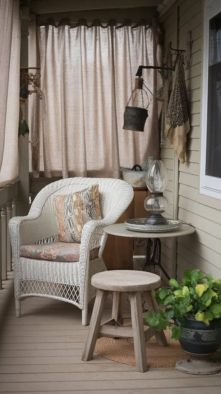 Escape the everyday on this charming shabby chic porch. The gentle sway of the beige curtain, the worn wood, and the comforting glow of the vintage lamp create a haven of tranquility. A perfect spot for a quiet afternoon with a good book.
