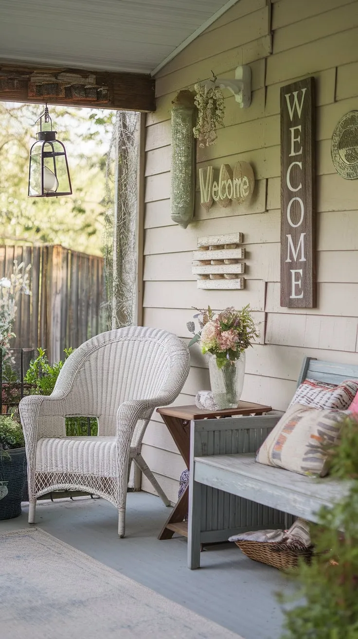 A haven of tranquility awaits on this charming porch. The aged wicker chair and wooden bench, softened by time and use, invite you to linger. Surrounded by the comforting details of a welcoming sign, a blooming vase, and a lantern's gentle glow, this space offers a respite from the everyday, a place to simply be. The rustic charm and peaceful setting create an idyllic escape.