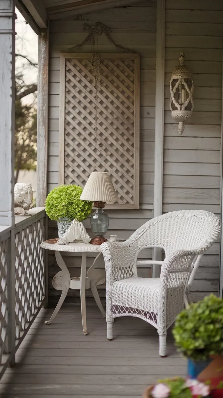 The gentle breeze whispers through the wooden lattice, carrying the scent of blooming flowers. A simple table, adorned with a green plant and a delicate white decorative item, sits invitingly on the porch. This shabby chic haven is a testament to the beauty of simple pleasures.