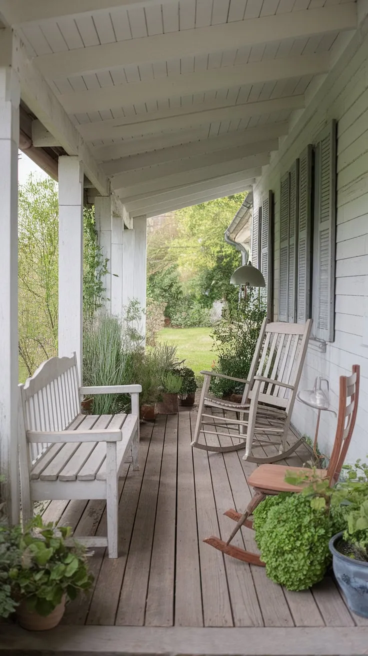 This shabby chic porch, with its worn white paint and cozy rocking chair, whispers tales of lazy afternoons and sun-drenched memories. The vintage lamp casts a warm glow, inviting you to linger and breathe in the peace of the garden beyond. A perfect spot for quiet contemplation and a gentle rocking.