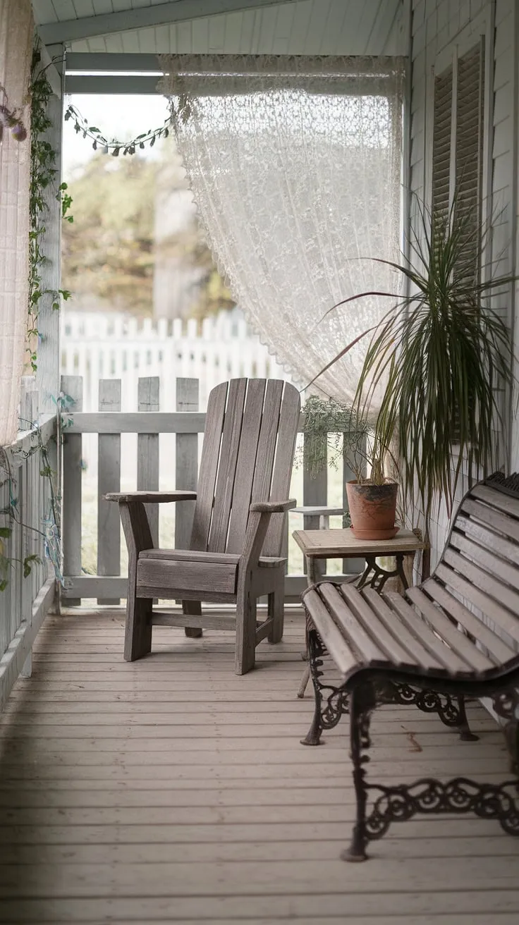 Sunlight dapples the worn wooden planks of this charming porch, illuminating the delicate lace curtain and the simple elegance of the rustic furniture. A potted plant thrives in the gentle light, adding a splash of color to this peaceful scene. A moment of quiet awaits on this idyllic porch, framed by a classic white picket fence.