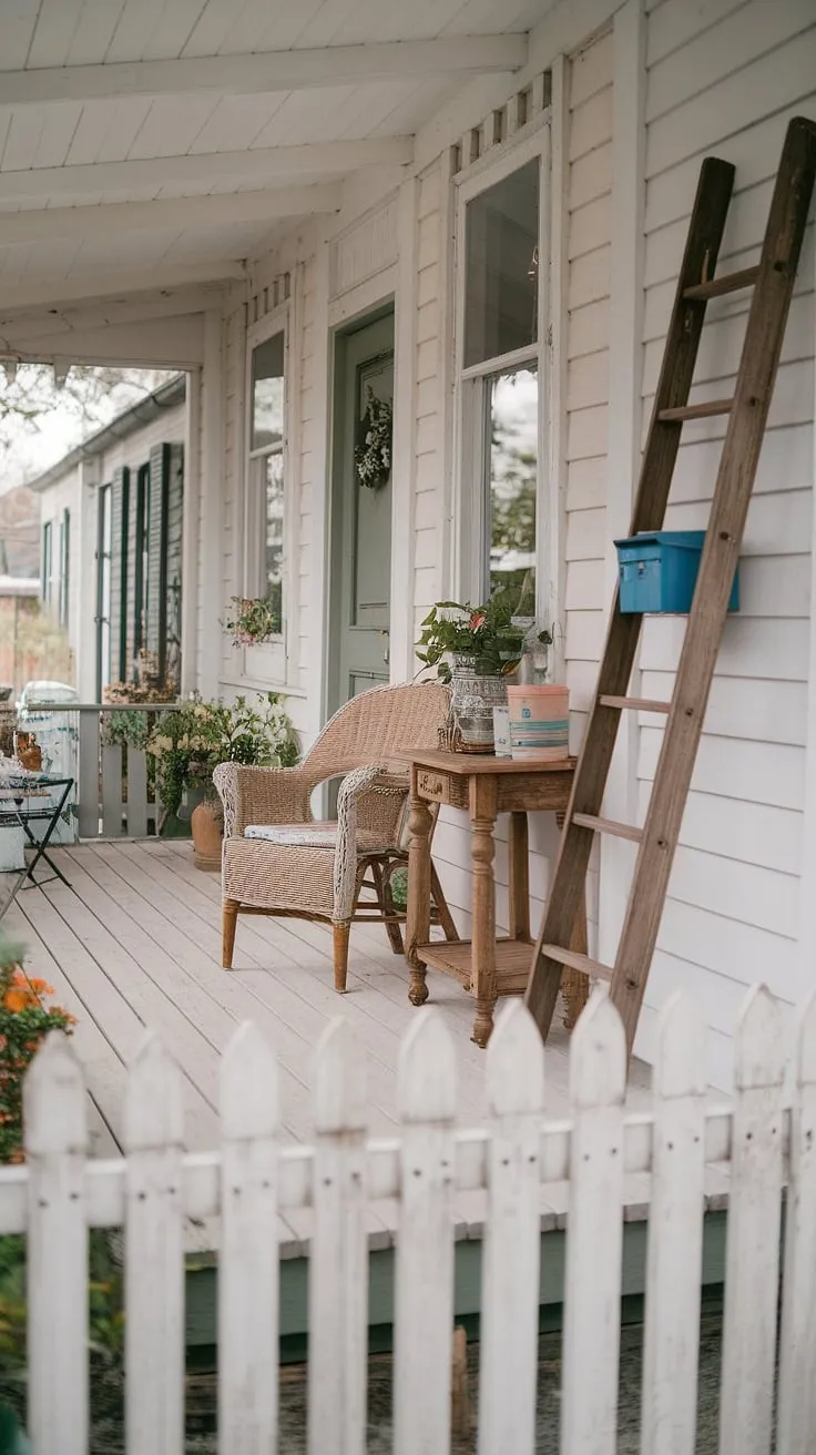 This quaint cottage porch, with its white picket fence and vintage decor, whispers tales of simpler times. A worn wicker chair invites you to relax, while potted plants and a wooden table add to the rustic appeal. The scene is perfectly complemented by the charming cottage and its vibrant green door, creating a picture of peaceful country living.