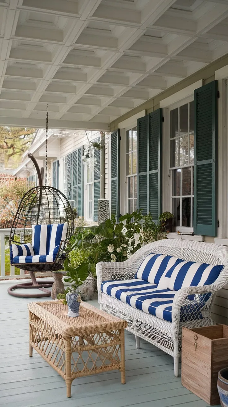 Sunlight streams onto this charming shabby chic porch, a perfect spot for lazy afternoons. The white wicker sofa, adorned with a blue and white striped cushion, invites you to relax with a good book, while the rattan coffee table and wooden box add to the cozy atmosphere. A gentle breeze whispers through the potted plant beside the table, and the view of the cottage with its green shutters completes this idyllic scene. A peaceful retreat awaits.