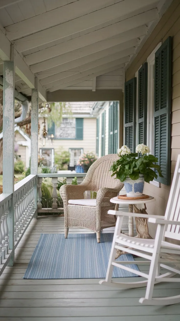 A peaceful escape awaits on this charming shabby chic porch, where the gentle rocking of the white chair and the soft blue and white stripes underfoot create a serene atmosphere. The weathered white railing and beige walls whisper tales of quiet afternoons spent enjoying the cottage's tranquil beauty. A perfect spot for a cup of tea and a good book.